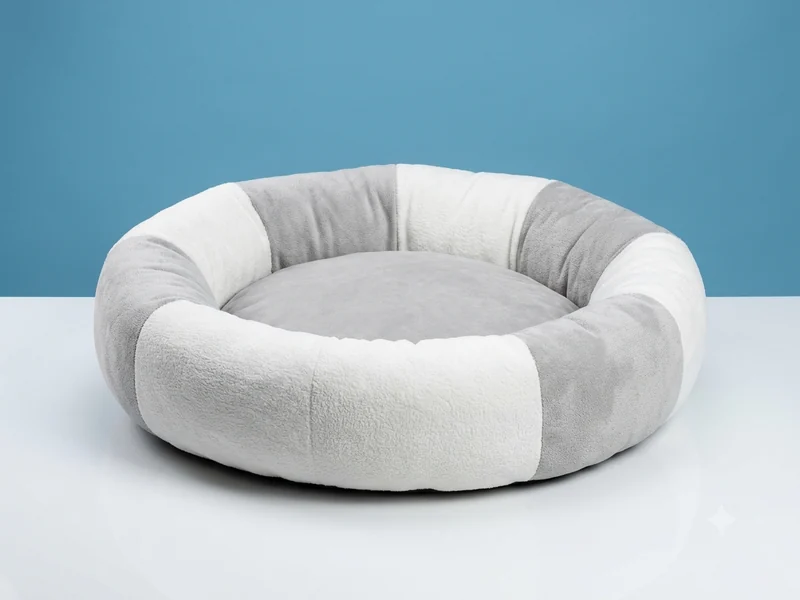 Cama redonda gris y blanca