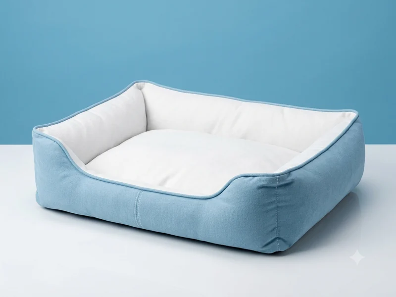 Cama rectangular celeste y blanca