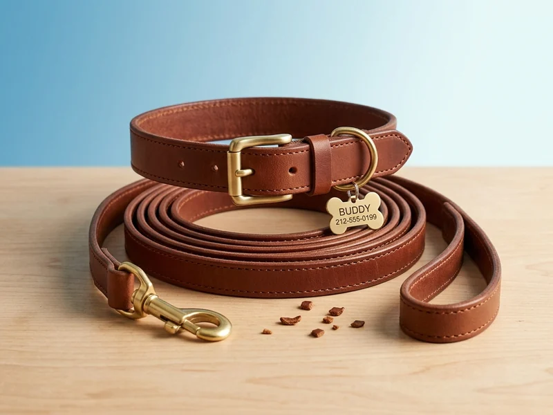 Collar y correa de cuero con chapita