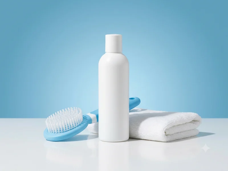 Shampoo blanco y cepillo celeste