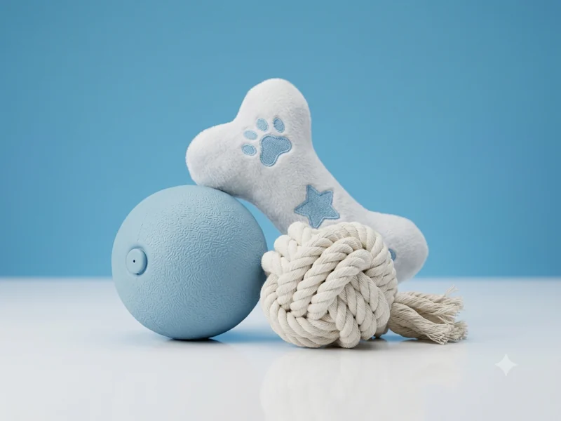 Pelota, hueso de peluche y cuerda